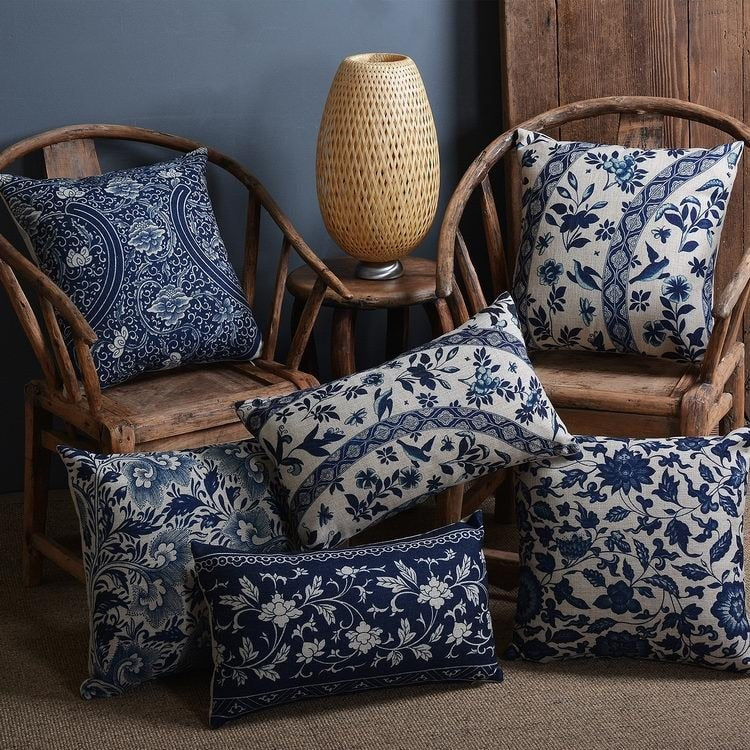 Blauw Porselein Sierkussenhoes Met Klassiek Chinees Patroon En Linnen Look