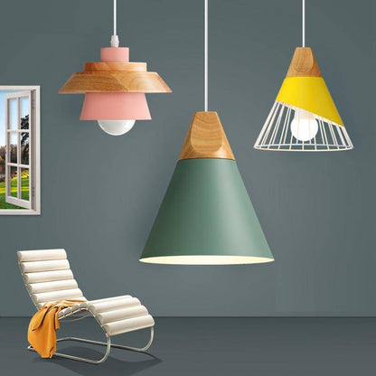 Scandinavische Houten Metalen Hanglamp Nordic Design Gekleurde Aluminium Kegel Of Koepel Plafondlamp Met Verstelbaar Snoer