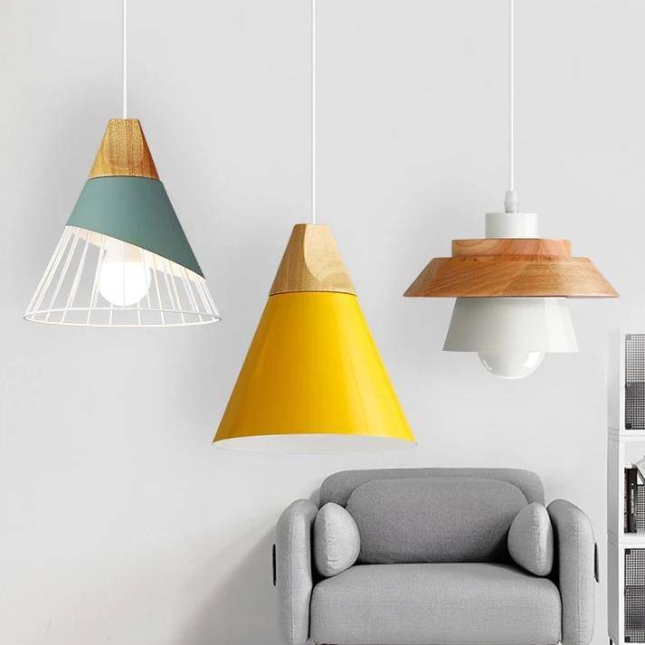 Scandinavische Houten Metalen Hanglamp Nordic Design Gekleurde Aluminium Kegel Of Koepel Plafondlamp Met Verstelbaar Snoer