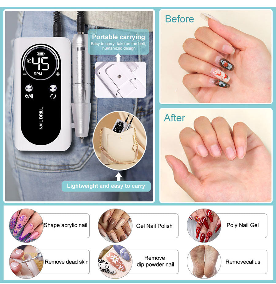 Professionele Elektrische Nagelvijl 45000 RPM Oplaadbaar — Stil & Draagbaar Manicure Apparaat