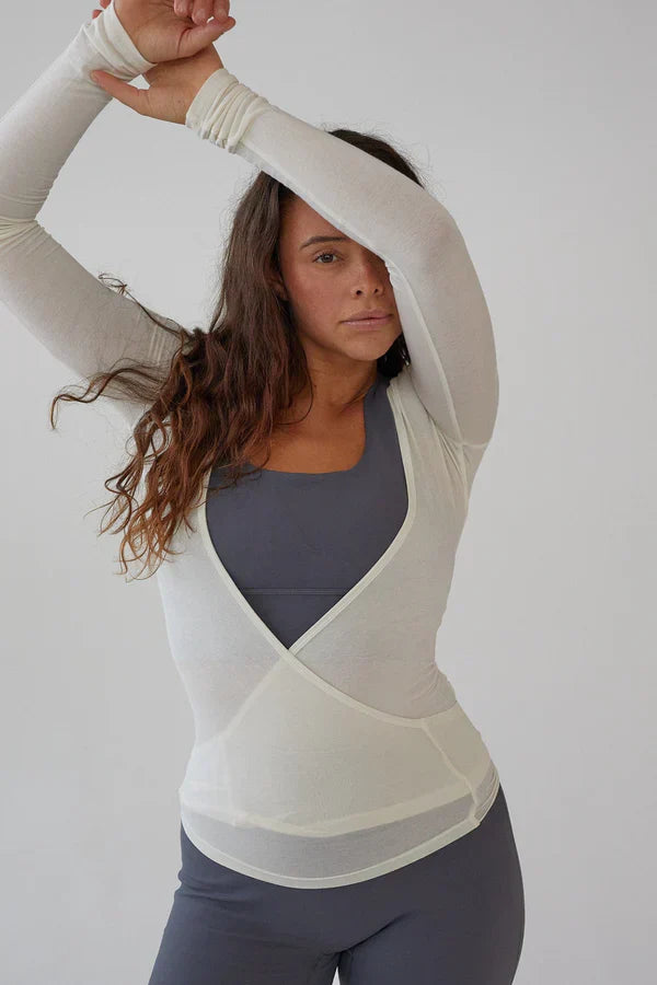 Yoga Blouse Wit met Lange Mouwen en Wikkelontwerp