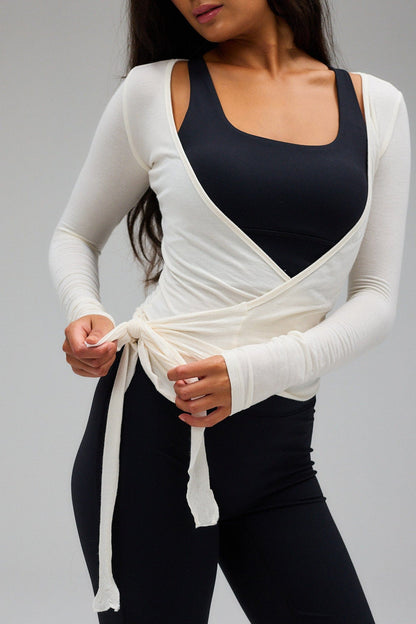 Yoga Blouse Wit met Lange Mouwen en Wikkelontwerp