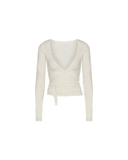 Yoga Blouse Wit met Lange Mouwen en Wikkelontwerp