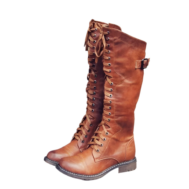 Veterlaars Dames Kniehoog Leren Rijlaars Klassiek Zwart Bruin Rood Vintage Stijl Veelzijdig