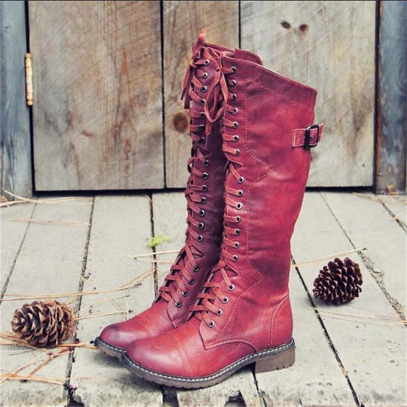 Veterlaars Dames Kniehoog Leren Rijlaars Klassiek Zwart Bruin Rood Vintage Stijl Veelzijdig