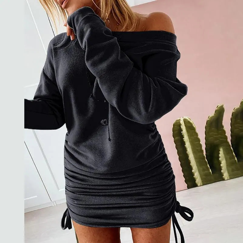 Korte Jurk Off-the-Shoulder Lange Mouwen Zwart Slank