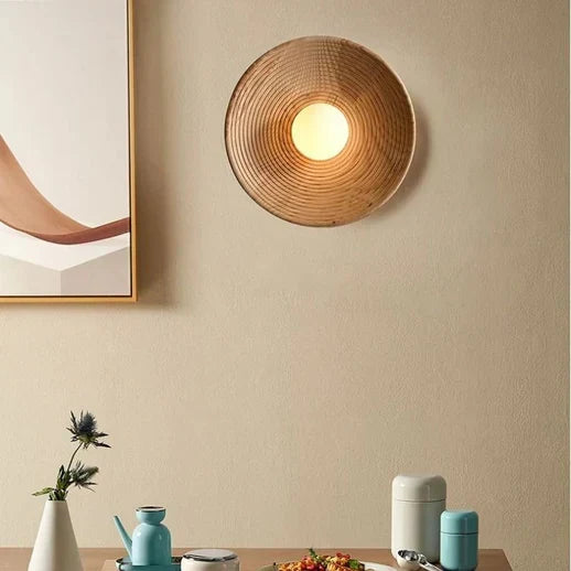 Japandi Wandlamp Hout Glas Rond Retro Vintage 27cm Woonkamer Slaapkamer Hal