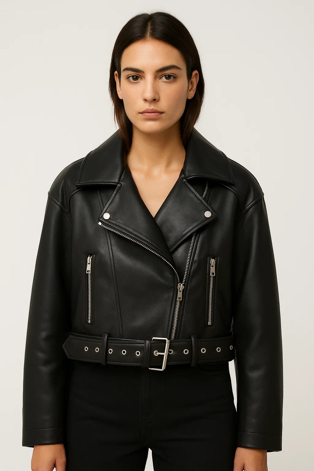 Dames Bikerjas Kort met Ceintuur Casual Stijl