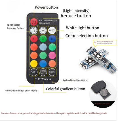 RGB Auto Interieurverlichting T10 LED met 7 Kleuren en RF Afstandsbediening voor Parkeerlichten