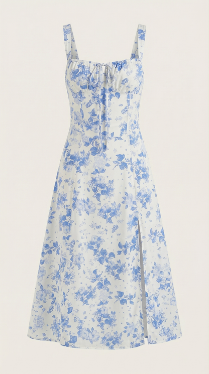 Midi Jurk Dames A-Lijn met Bloemenprint en Hartvormige Hals