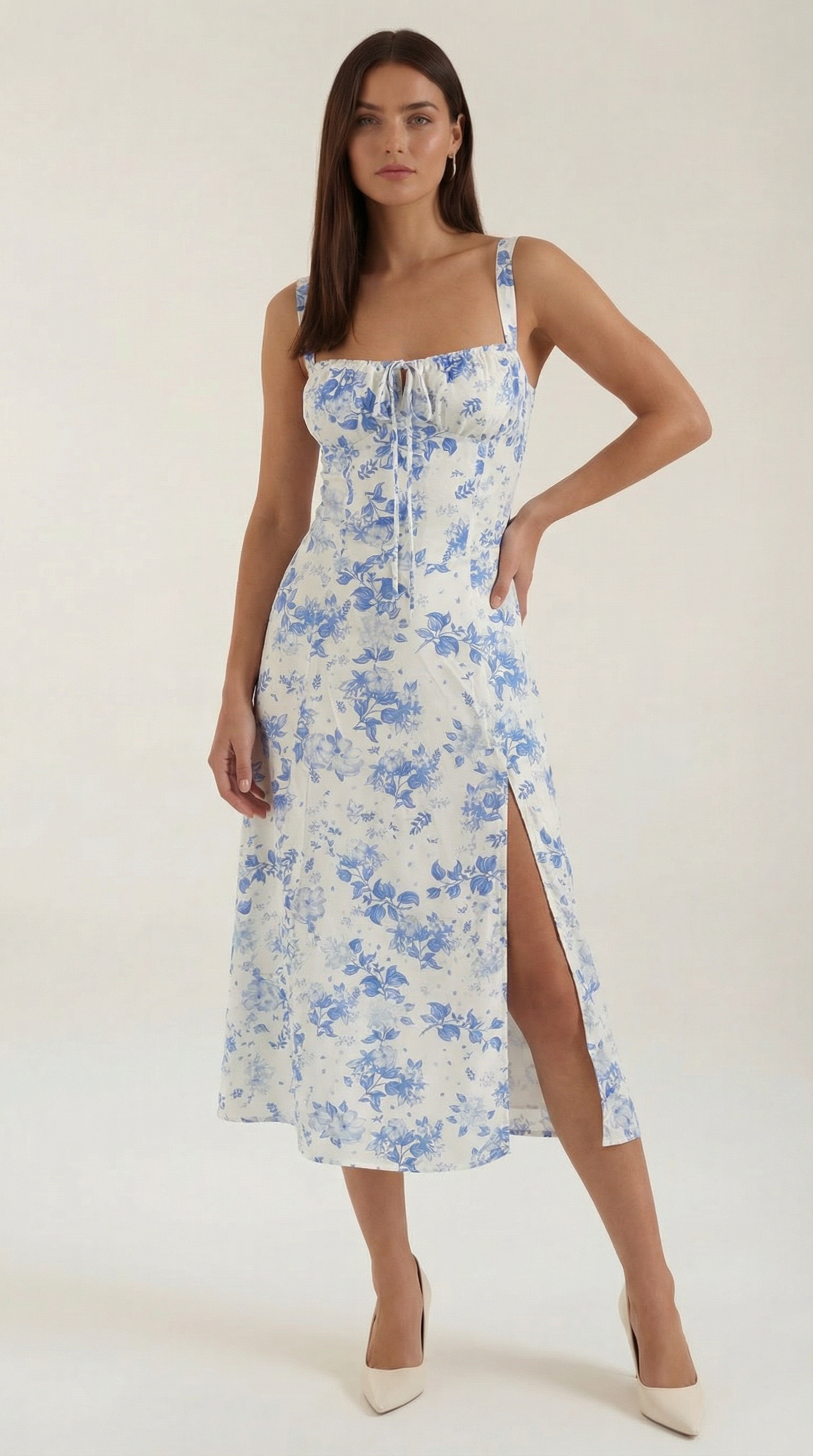 Midi Jurk Dames A-Lijn met Bloemenprint en Hartvormige Hals - StudioMarella