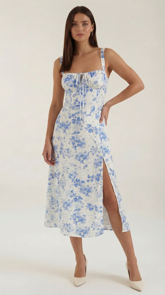 Midi Jurk Dames A-Lijn met Bloemenprint en Hartvormige Hals - StudioMarella