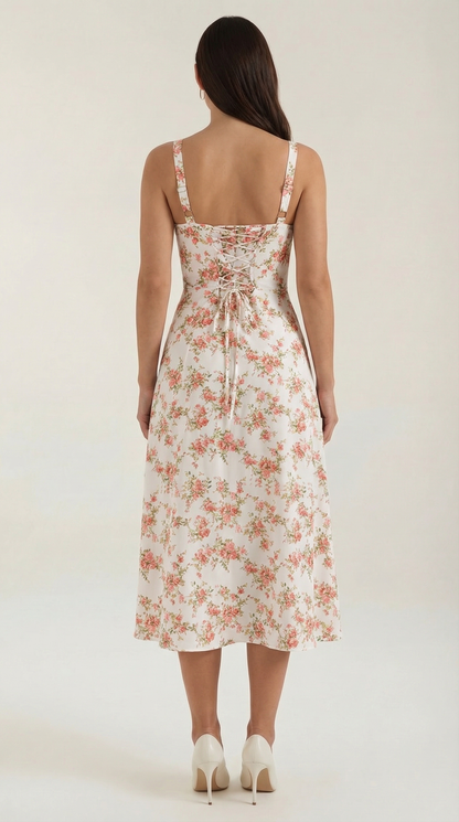Midi Jurk Dames A-Lijn met Bloemenprint en Hartvormige Hals