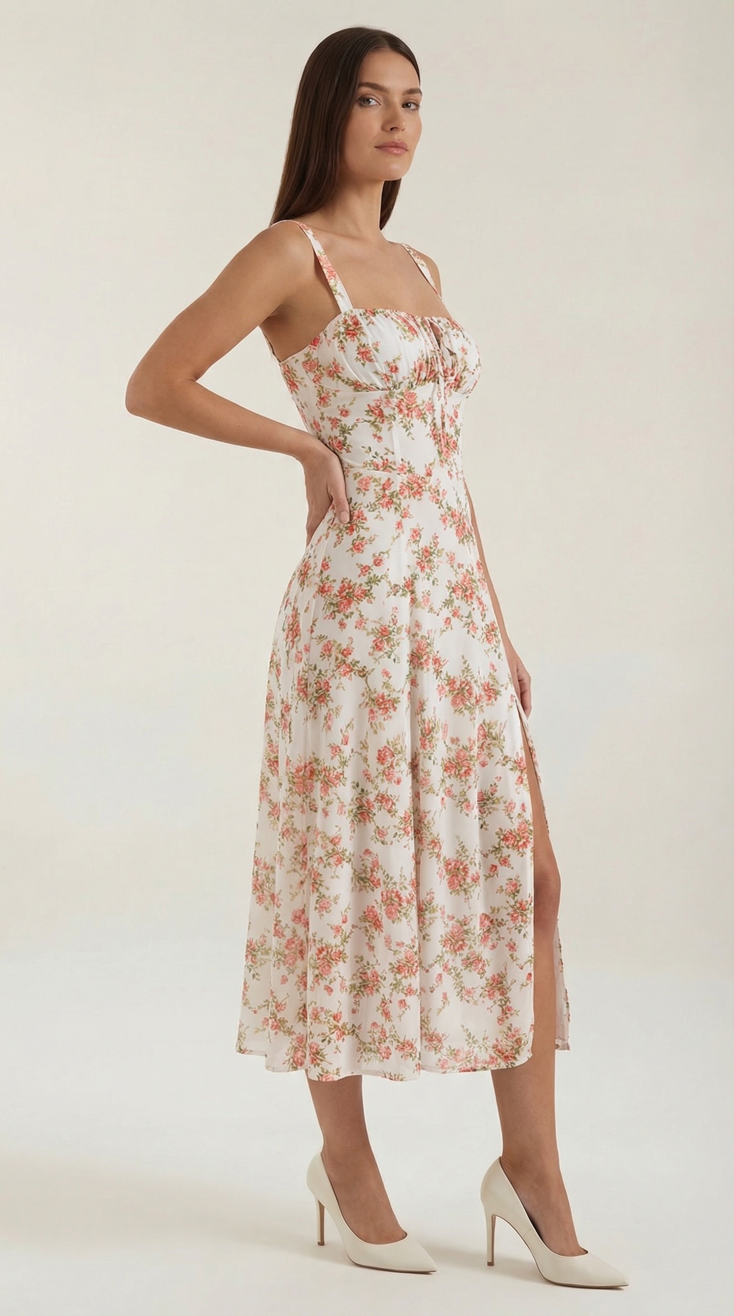 Midi Jurk Dames A-Lijn met Bloemenprint en Hartvormige Hals