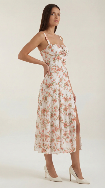 Midi Jurk Dames A-Lijn met Bloemenprint en Hartvormige Hals