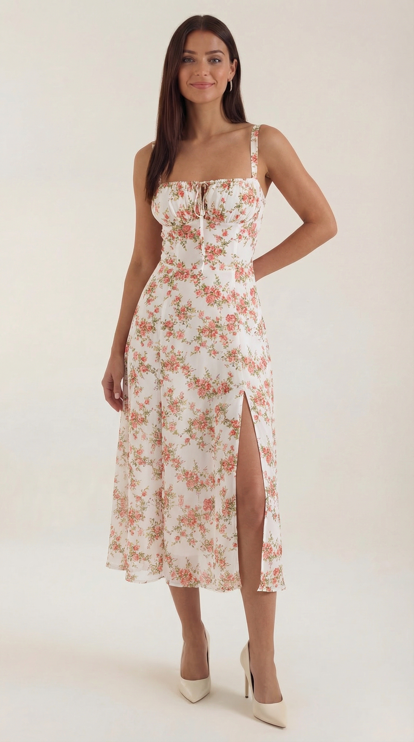 Midi Jurk Dames A-Lijn met Bloemenprint en Hartvormige Hals