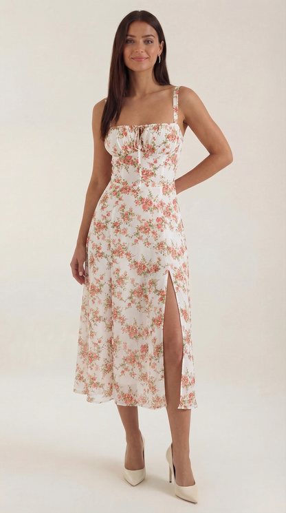 Midi Jurk Dames A-Lijn met Bloemenprint en Hartvormige Hals