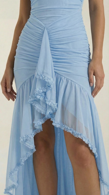 Dames Maxi Jurk Hartvormige Hals Ruches Asymmetrisch