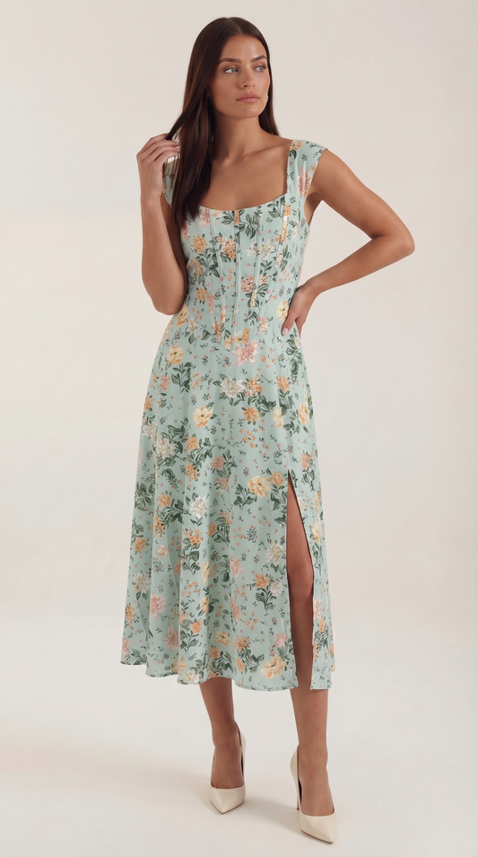Midi Jurk Dames A-Lijn Bloemenprint Spaghettibandjes - StudioMarella