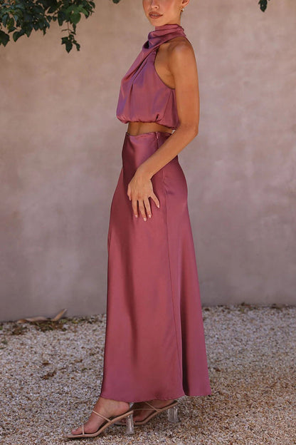 Satijnen Two-Piece Set met Haltertop en Maxi Rok