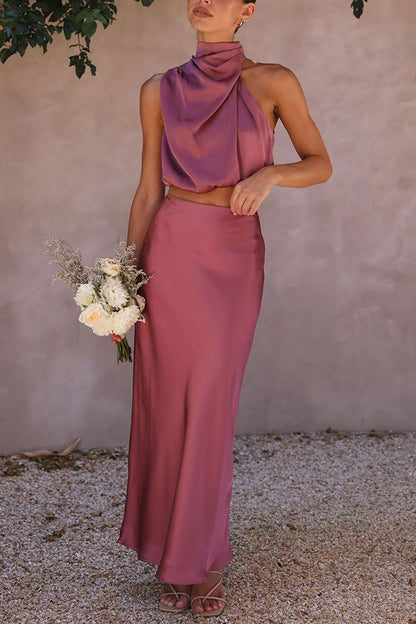 Satijnen Two-Piece Set met Haltertop en Maxi Rok