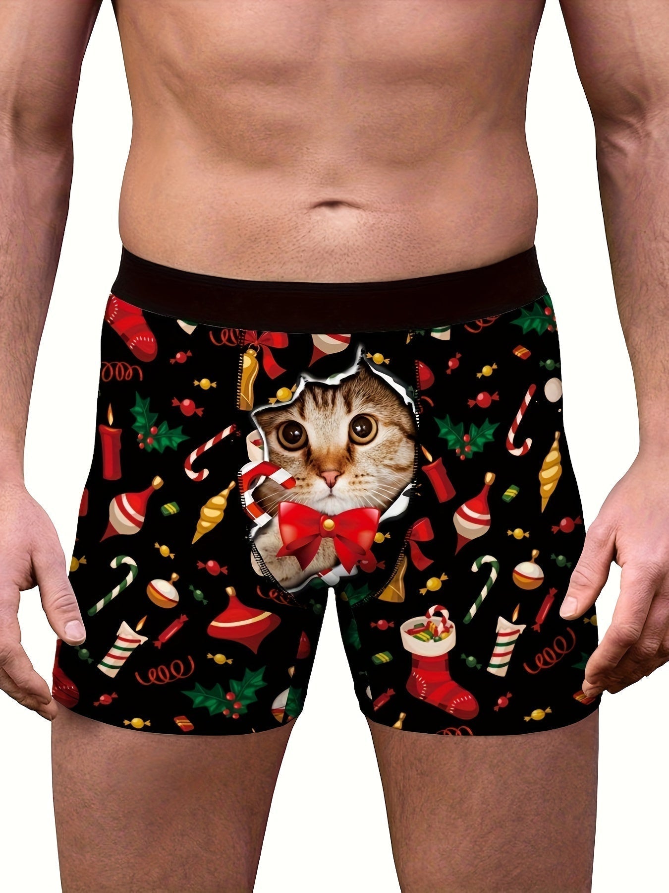 Kerstboxer Heren met Kattenprint Wit Rood Grappig - StudioMarella