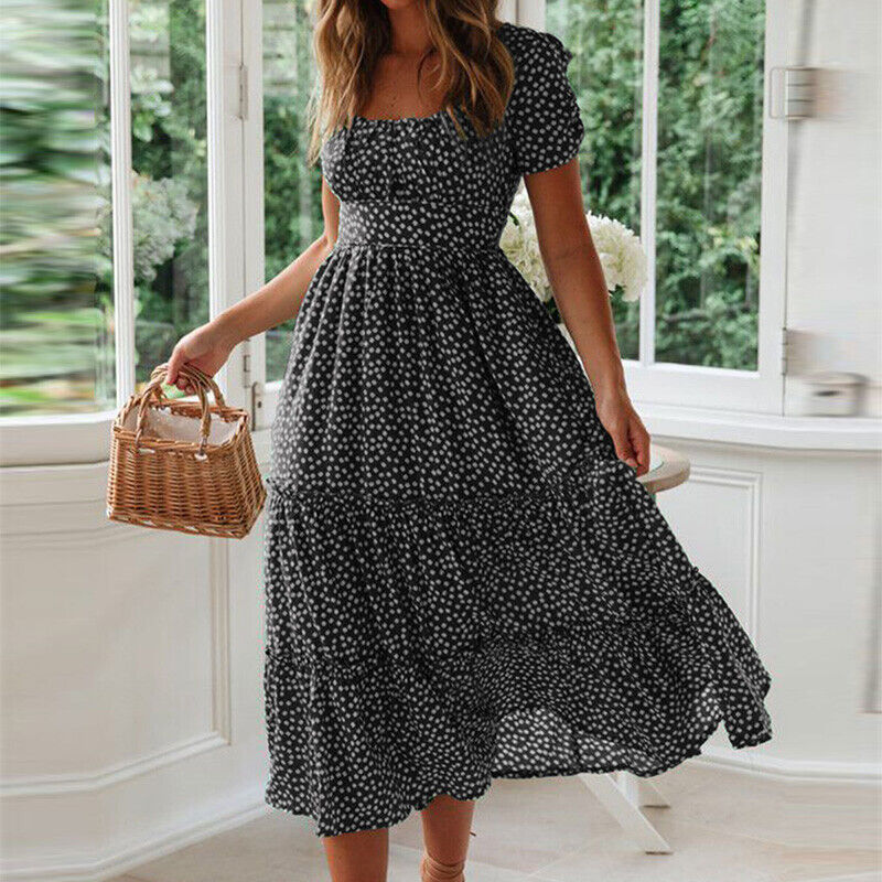 Vrouwelijke Zomerjurk Maxi Vierkant Kraag Casual Stijl