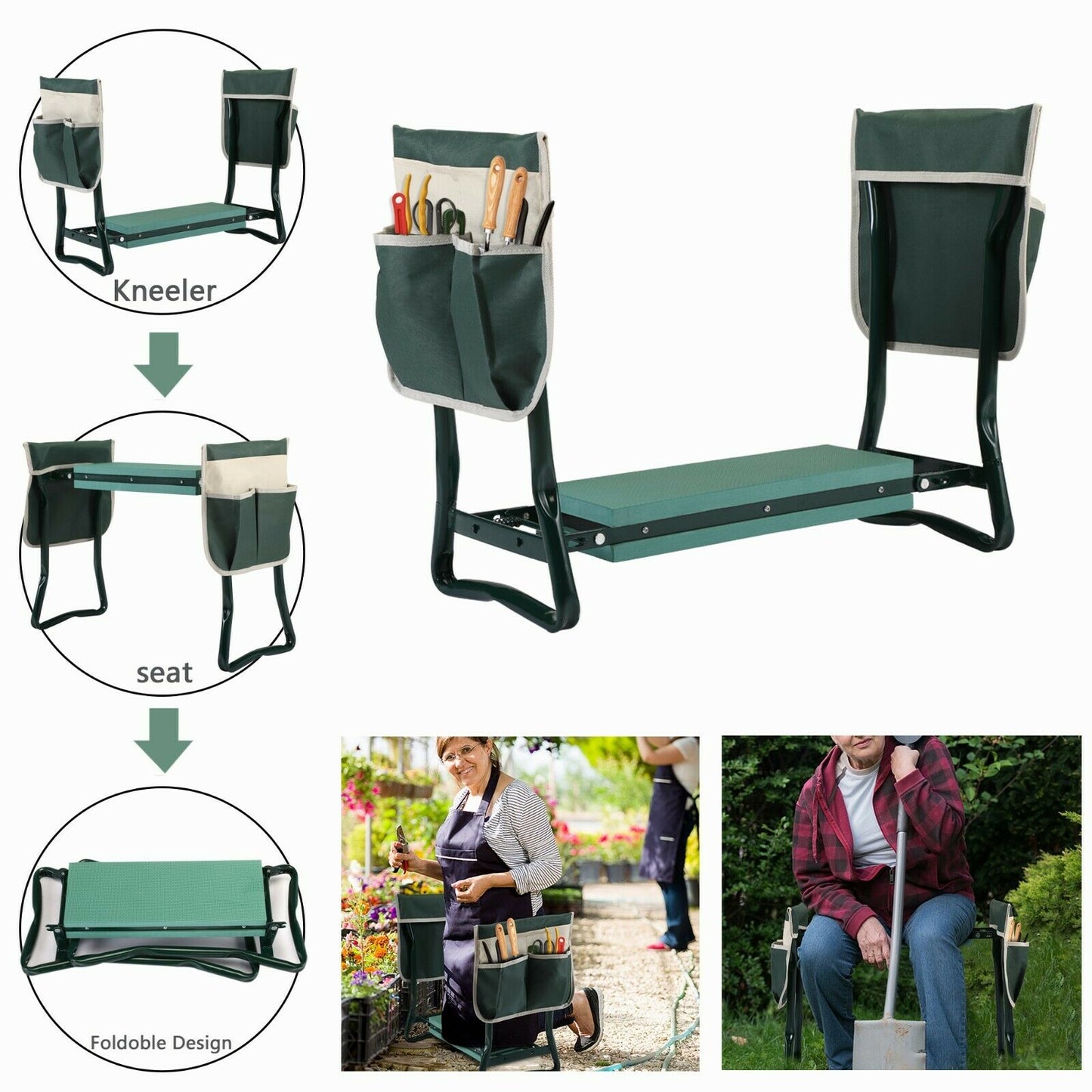 Opvouwbare Tuinknieler en Zitbank met Gereedschapstassen – Ergonomische Tuinhulp tot 150 kg