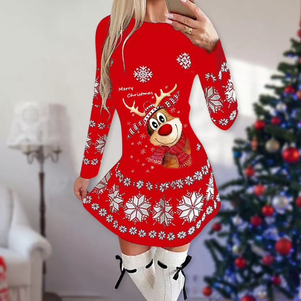 Kerstjurk Lange Mouwen voor Vrouw Festieve Mini Jurk