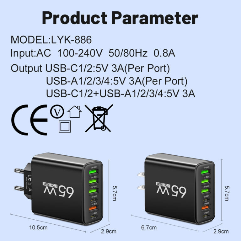 Universele USB Oplader 65W 6 Poorten Zwart Wit Geel Multidevice voor Kantoor Thuis Reis