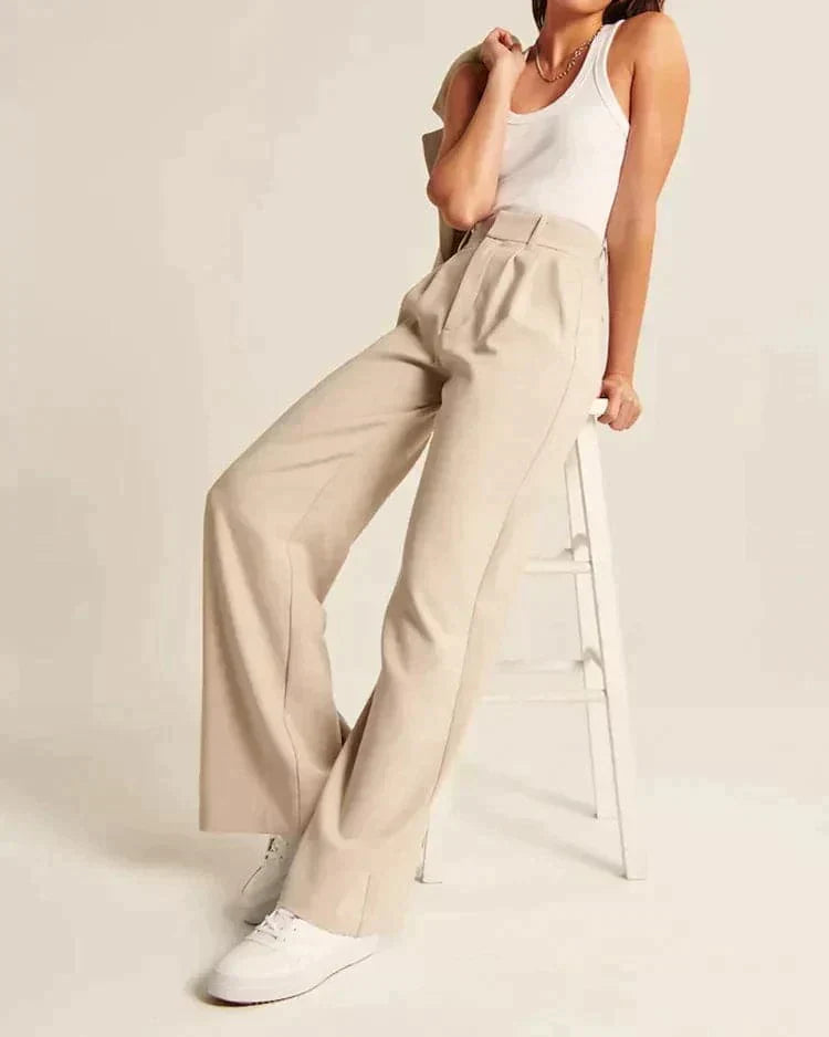 Saskia | Hoge Taille Wijde Pijp Broek in de kleur Beige voor dames in Casual stijl ideaal voor de winter