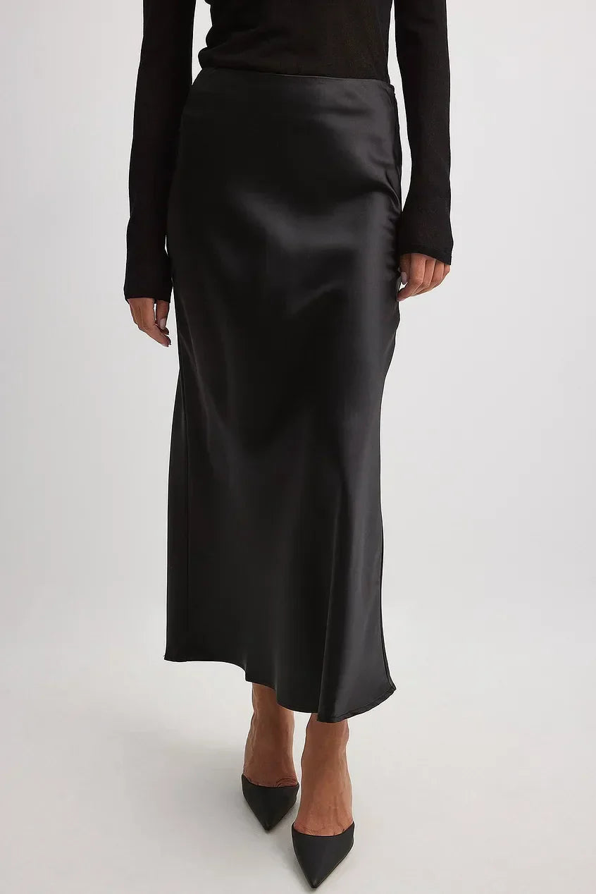 Midi Rok Satijn Hoge Taille Elegante Damesrok Glanzend