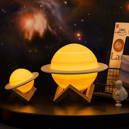 Zwevende Saturnus Lamp met Houten Standaard 3D Maan Effect Nachtlampje Kinderkamer Decoratie