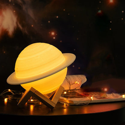 Zwevende Saturnus Lamp met Houten Standaard 3D Maan Effect Nachtlampje Kinderkamer Decoratie