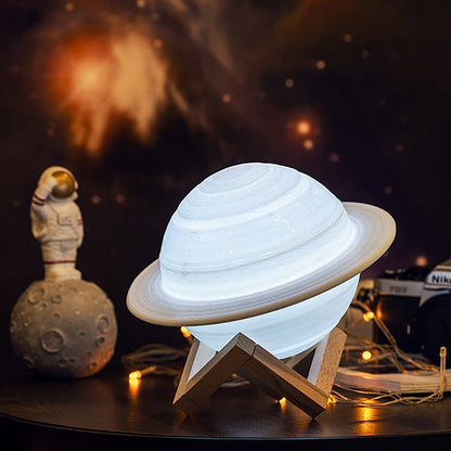 Zwevende Saturnus Lamp met Houten Standaard 3D Maan Effect Nachtlampje Kinderkamer Decoratie
