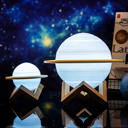 Zwevende Saturnus Lamp met Houten Standaard 3D Maan Effect Nachtlampje Kinderkamer Decoratie