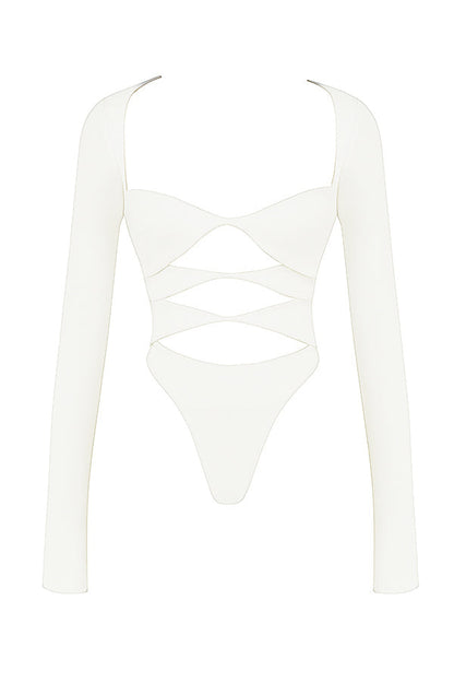 Witte Lange Mouw Crop Top voor Vrouw Met Uitsnijding