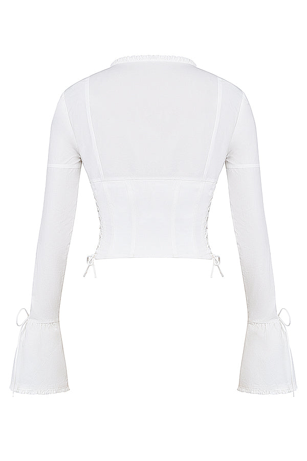 Vrouwelijke Blouse met Vetersluiting en Wijd Model Manchetten