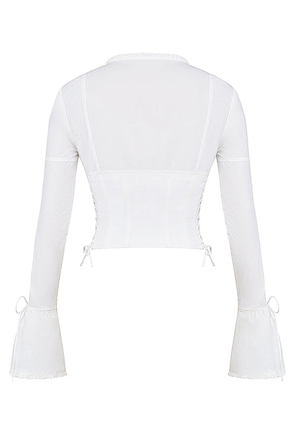 Vrouwelijke Blouse met Vetersluiting en Wijd Model Manchetten