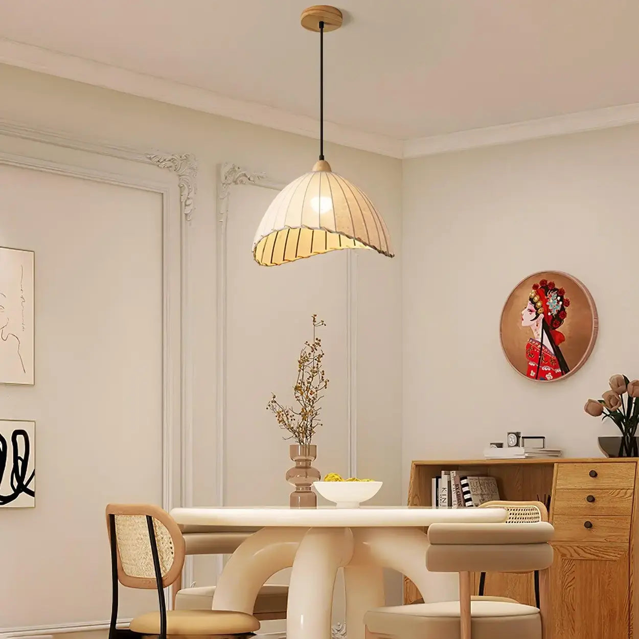 Hanglamp Wabi Sabi Hout En Witte Stoffen Kap Scandinavisch E27