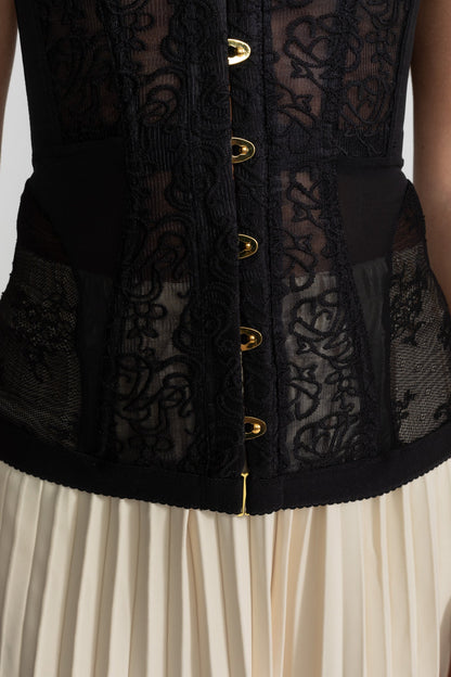Kanten Corset Top Zwart met Haaksluiting en Verstelbare Bandjes