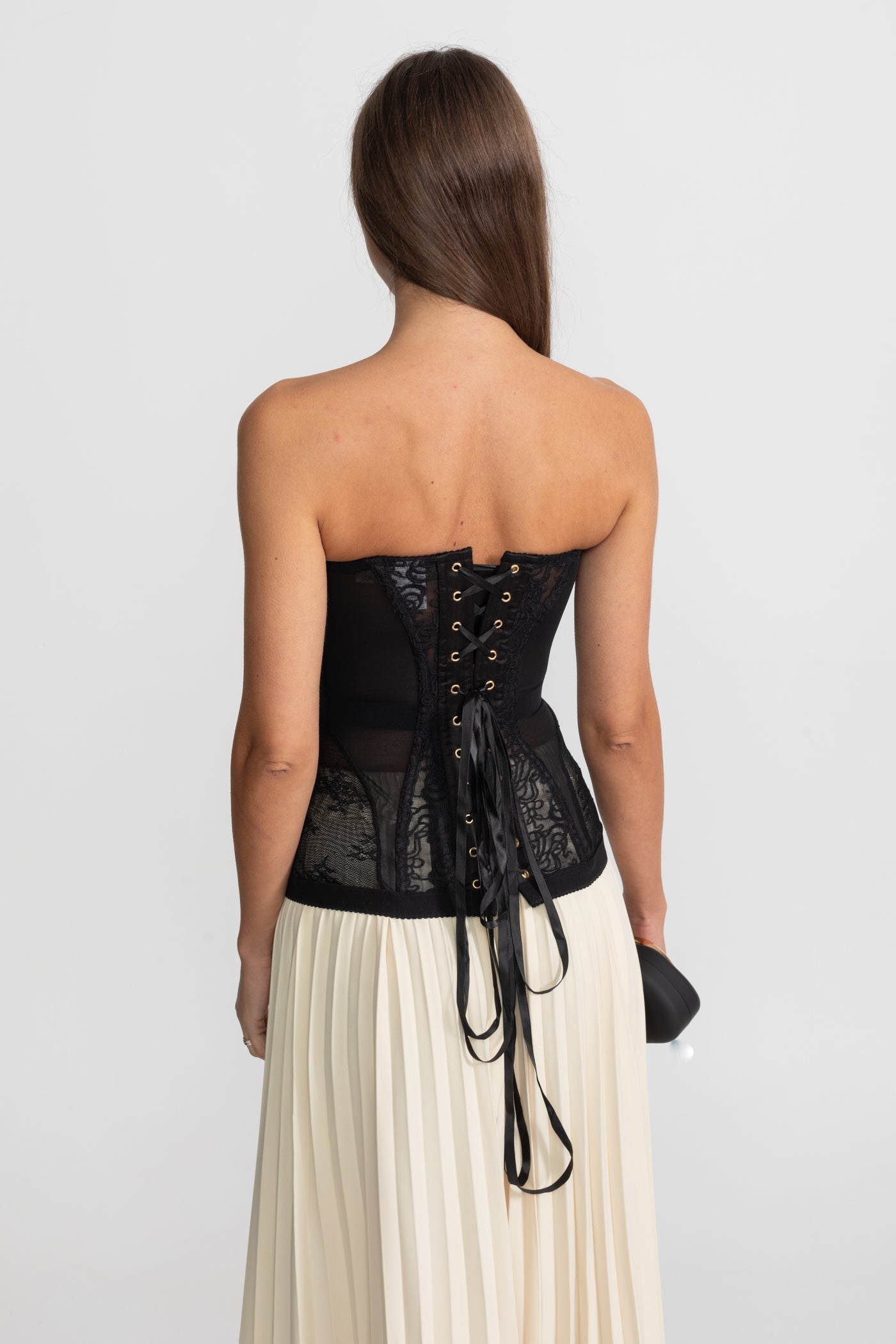 Kanten Corset Top Zwart met Beugels en Voorzijde Sluiting