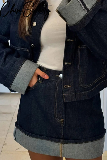 Dames Jeans Set - Cropjasje en High Waist Minirok