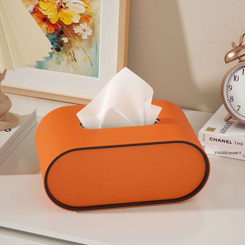 Tissuebox Leer Ovaal 22cm Oranje Bureau Woonkamer Tissuehouder Luxe Tissuedoos Decoratief Modern Interieur
