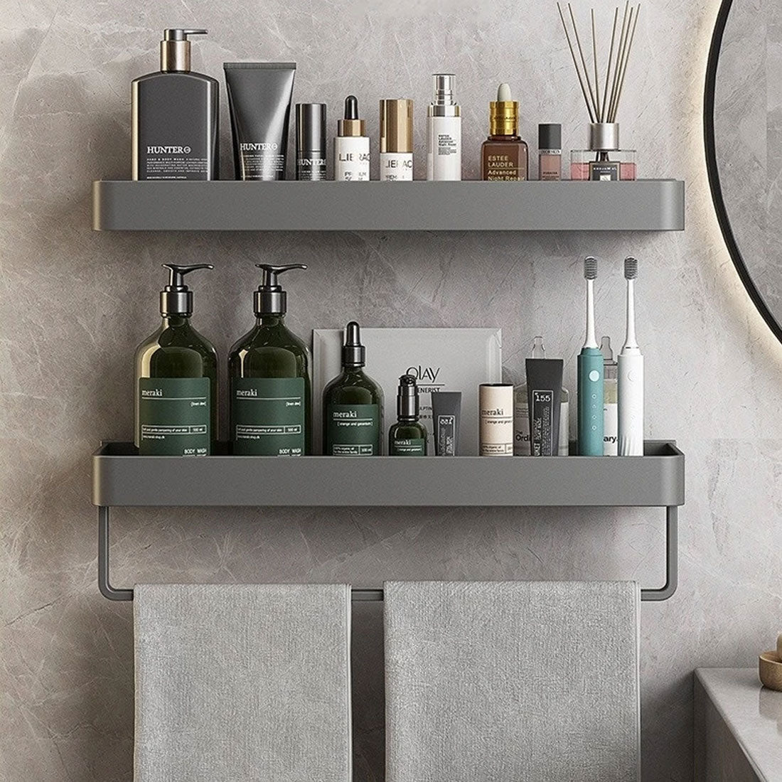 Badkamer plank aluminium zelfklevend 30cm grijs zwevend rek douche wandplank met handdoekhouder organizer badkamer