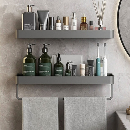 Badkamer plank aluminium zelfklevend 30cm grijs zwevend rek douche wandplank met handdoekhouder organizer badkamer