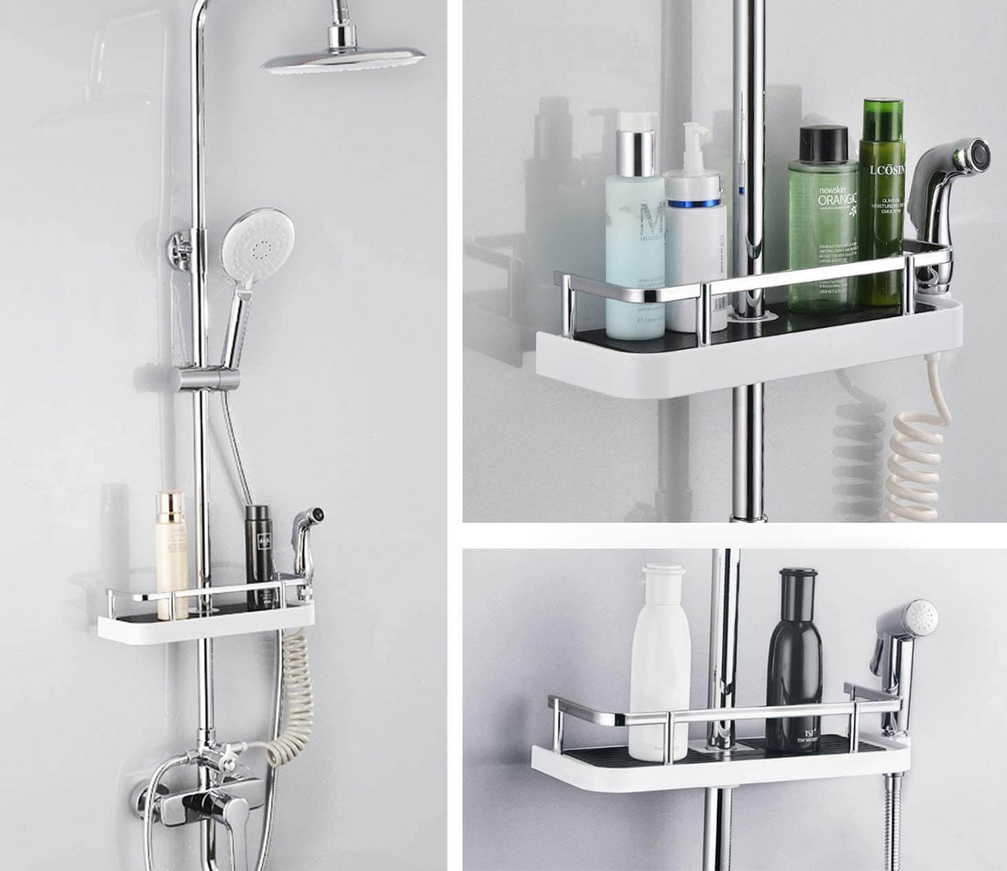 Verstelbare douche organizer voor douchestang zonder boren met haken en snelle waterafvoer