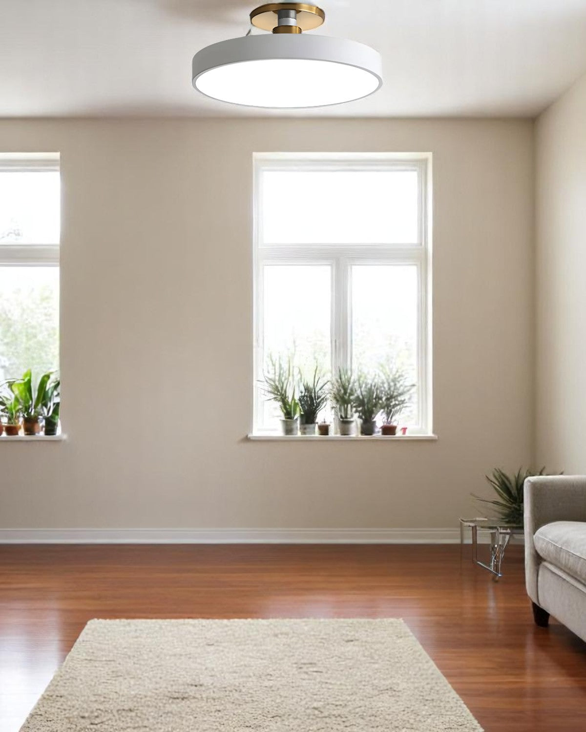 Moderne ronde plafondlamp met goud detail en acryl diffuser – minimalistische semi flush design verlichting voor woonkamer en slaapkamer