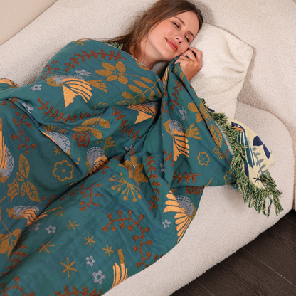 Wendbare Katoenen Plaid met Vogels en Bloemen – Botanisch Scandinavisch Design voor Bank en Bed