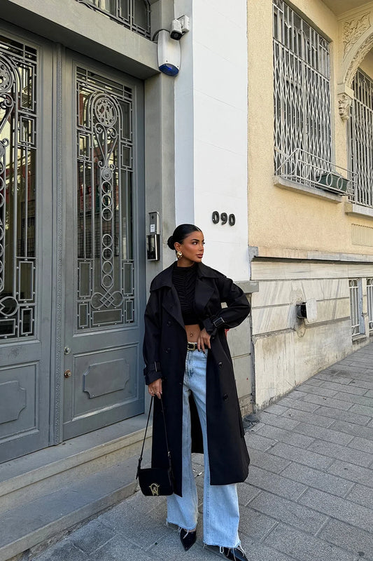 Dames Trenchcoat Zwart Klassieke Lange Jas - StudioMarella